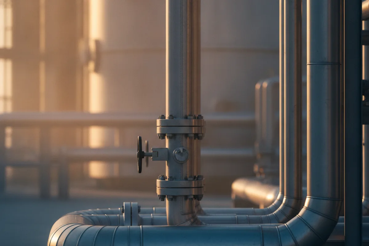 Chemische Industrieanlage mit Pipelines und Destillationskolonnen — sinnbildlich für den Chemiepark Bitterfeld-Wolfen