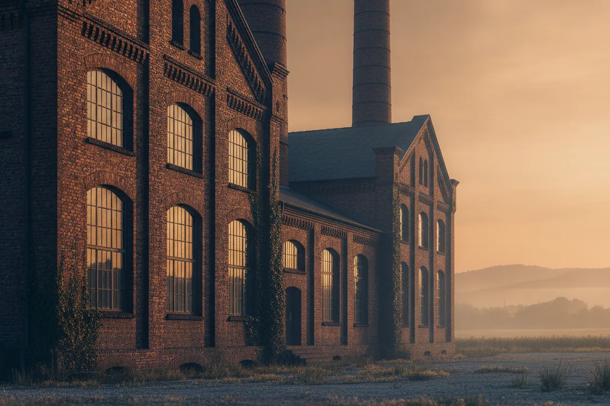 Historisches Backsteingebäude einer Industriefabrik im Abendlicht — sinnbildlich für das ORWO-AGFA-Filmerbe in Wolfen